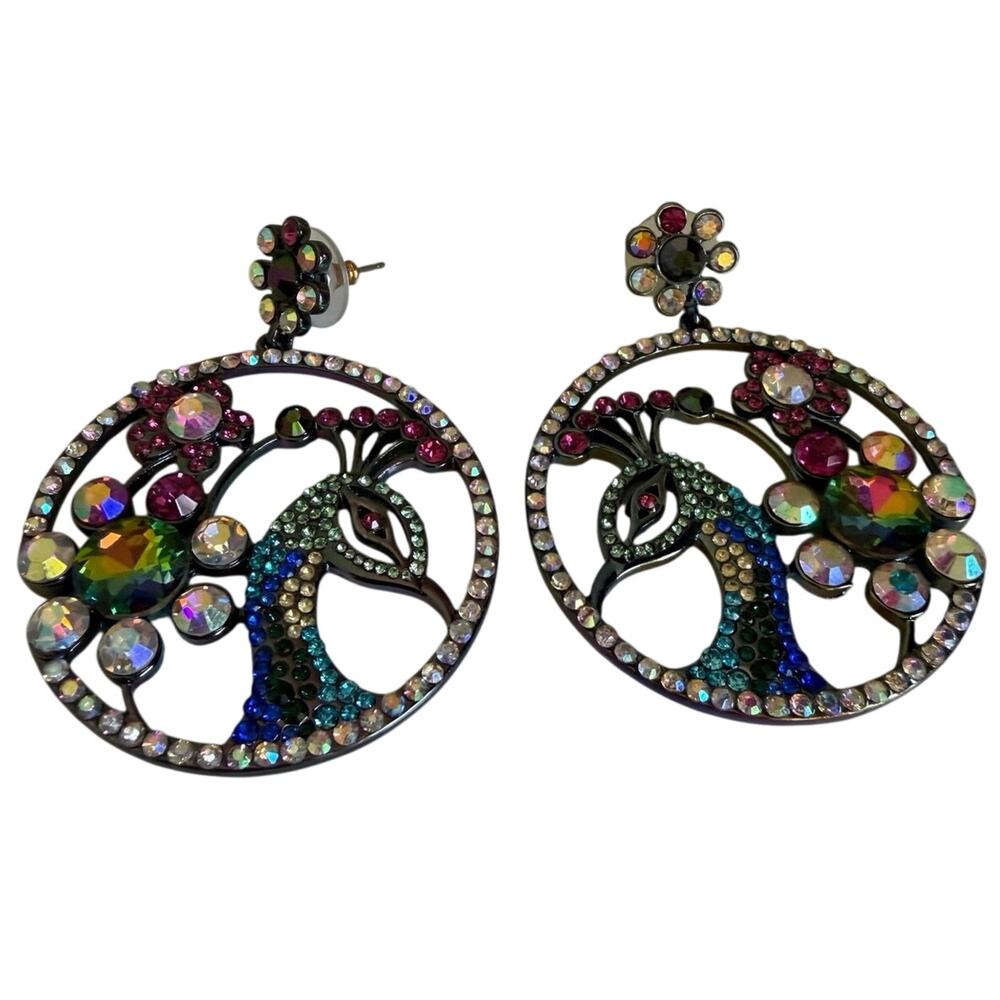 Betsey Johnson Peacock Rhinestone Statement Earrings Large Circle Dangle